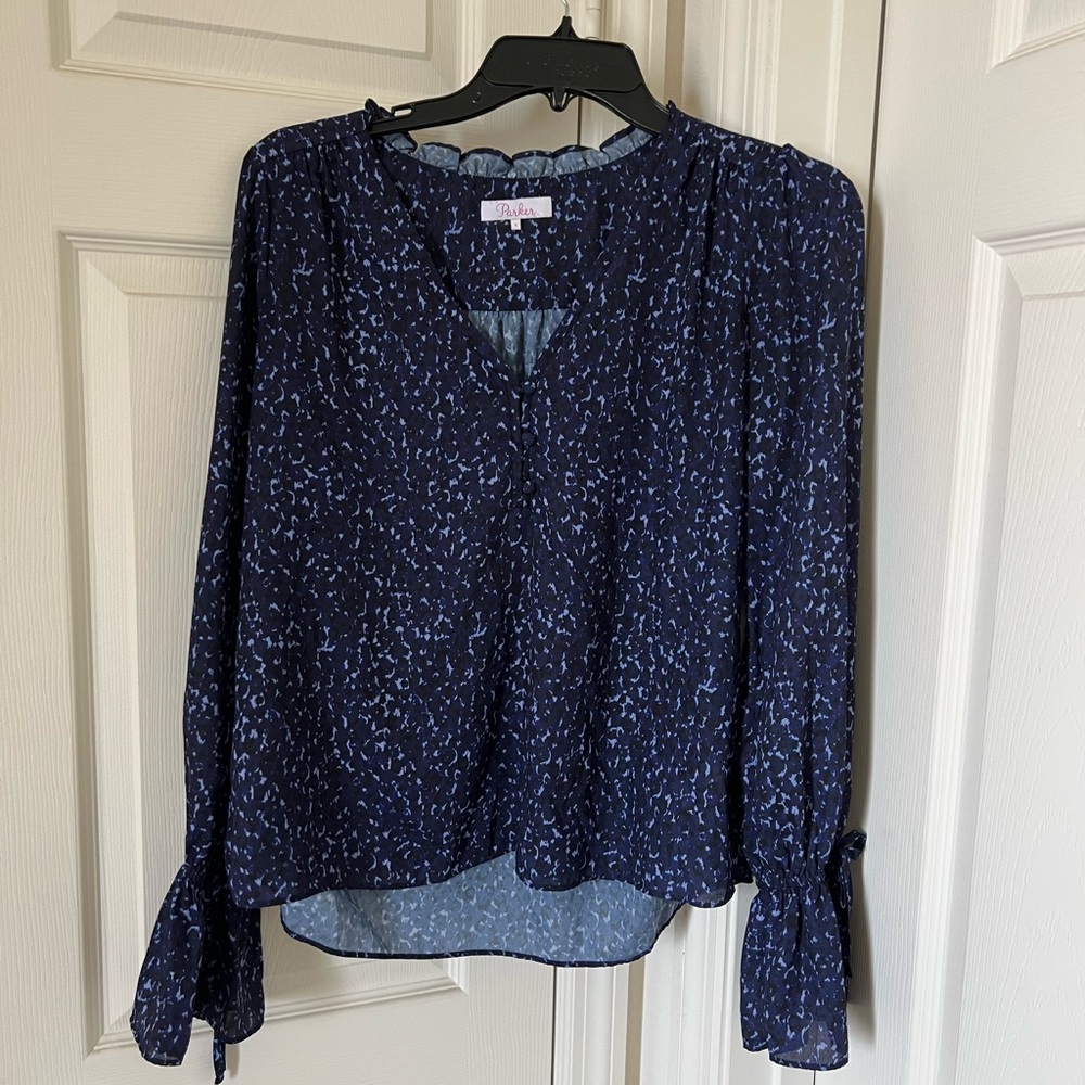 Parker Navy Blue Printed V-Neck Long Sleeve Blouse